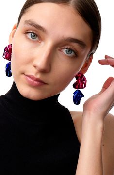 Vibrant hues and a mirror-shine finish make these drop earrings a stunning way to transform your look. 2" drop; 1" width Ceramic coating/sterling silver Made in the USA Suede Jewelry, Multicolor Earrings, Gold Vermeil Jewelry, The Fold, Vermeil Jewelry, Ceramic Coating, Solid Gold Jewelry, Silver Mirrors, Jewelry Pouch