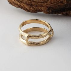 Twig and Branch Ring Guard in Solid Gold by DV Jewelry Designs #anniversay #WeddingBand #GoldRing #RingGuard #GoldBand #EngagementRing #AnniversaryBand #TwigRing #WeddingGift #TwigBand Double Band Yellow Gold Promise Rings, Fine Jewelry 14k Gold Couple Rings With Open Band, Double Band Yellow Gold Promise Jewelry, Stackable Rings In Recycled Gold Stamped 14k, Yellow Gold Double Band Jewelry For Promise, Yellow Gold Double Band Promise Jewelry, 14k Gold Open Band Couple Rings, Gold Double Band Promise Ring, 14k Gold Open Band Promise Ring