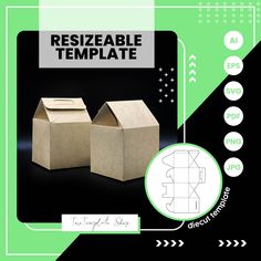 two cardboard boxes are sitting next to each other on a green and black background with the words resizeable template