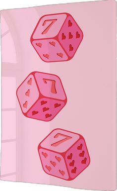 two pink dices with hearts on them are floating in the air above a window