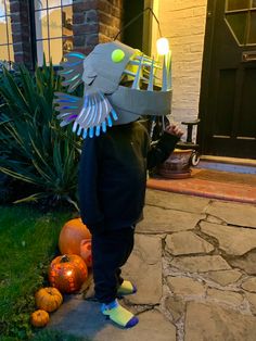 a little boy wearing a paper bird costume standing in front of a house with pumpkins