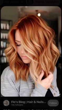 Red Hair To Blonde Balayage, Red Hair Strawberry Blonde Highlights, Lived In Auburn Balayage, Bright Blonde With Copper Lowlights, Copper Lob With Fringe, Auburn With Blonde Balayage, Red To Copper Balayage, Shoulder Length Red And Blonde Hair