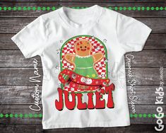 Custom Name Retro Style Christmas Shirt with a skateboarding gingerbread girl. Available is sizes 0-3 Month to Youth 14-16. See photos for size chart. This shirt is made of 100% polyester but has the look and feel of cotton.  CARE INSTRUCTIONS - Turn Garment Inside Out - Machine Wash Cold with Mild Detergent - No Bleach - No Fabric Softener - Cool or Air Dry PRODUCTION TIME & SHIPPING * The production time for your order is estimated at 1-2 business days. * All orders are dispatched via USPS Gro Kids Christmas Shirt, Personalized Christmas Shirts, Retro Christmas Shirt, Christmas Shirt Funny, Christmas Shirts For Kids, Skateboard Tshirt, Gingerbread Girl, Funny Christmas Shirts, Retro Christmas