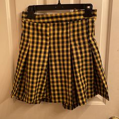 The Skirt Is A Yellow Plaid Mini Skirt From H&M With Original Tags, Never Worn. There Is A Zipper And Button On The Side For Fastening. Summer School Skirt Bottoms, School Skirt For Summer, Retro Mini Length Bottoms For School, Retro Bottoms For School In Spring, Retro School Bottoms For Spring, Retro Pleated Bottoms For School, Retro Pleated School Bottoms, Plaid Tennis Skirt For School Summer Season, Summer School Pleated Shorts