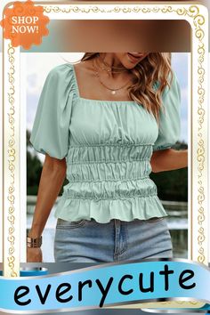 Pea Green Square Neck Puff Sleeve Pleated Tops Chic Puff Sleeve Top For Spring, Spring Casual Solid Puff Sleeve Top, Casual Puff Sleeve Top In Solid Color For Spring, Casual Solid Color Puff Sleeve Top For Spring, Pleated Tops, Square Neck, Peas, Puff Sleeve, Womens Tops