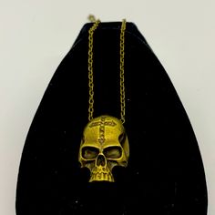 Skull With Cross Bronze Finish Necklace Pendant Gold Skull Necklace For Halloween, Gothic Gold Cross Pendant Jewelry, Gold Raven Skull Necklace, Black Nickel-free Skull Necklace, Gothic Skull Necklace In Stainless Steel, Bronze Skull-shaped Jewelry Gift, Stainless Steel Cross Pendant, Promise Rings For Guys, Mens Rings Fashion