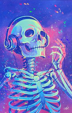 a skeleton listening to headphones and holding a microphone