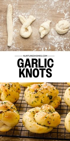 garlic knots on a cooling rack with text overlay that reads, nutritious com