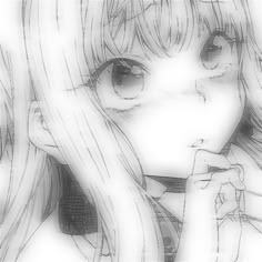 a drawing of a girl with long hair holding her hand up to her face and looking at the camera