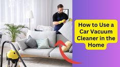 a man is vacuuming the couch in his living room with a yellow and purple background