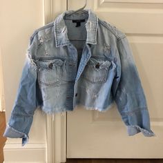 Fits Like A Small-Medium. I Think Pretty Much Any Size Would Fit In This Because It’s Cropped But Pretty Oversized. Brand New And Worn Once. Also Softer Than Normal Denim-Insanely Soft! Trendy Cropped Jacket With Frayed Hem For Fall, Cropped Outerwear With Frayed Hem For Fall, Ripped Grunge Outerwear For Fall, Edgy Distressed Outerwear For Spring, Edgy Distressed Spring Outerwear, Trendy Distressed Cropped Outerwear, Ripped Cropped Fall Outerwear, Cropped Ripped Outerwear For Fall, Ripped Cropped Outerwear For Fall