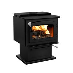 a black stove with flames and logs in it