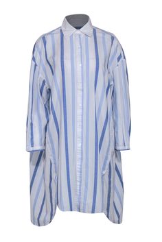 Current Boutique-Love Binetti - White & Blue Striped Button Up Dress Sz XS Casual Spring Dresses With Contrast Stripes, Casual Long Sleeve Striped Dress, Casual Daywear Dress With Striped Collar, Casual Long Sleeve Dresses With Vertical Stripes, Casual Blue Dress With Striped Hem, Casual Oversized Striped Dresses, Oversized Striped Spring Dresses, Striped Oversized Dresses For Daywear, Casual Striped Button-up Dresses