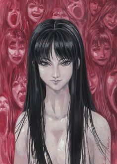 a painting of a woman with long black hair in front of many red faces and hearts