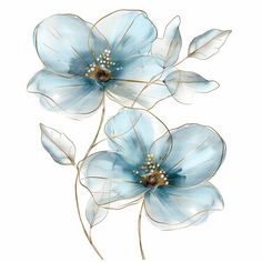 three blue flowers with leaves on a white background