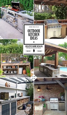 an outdoor kitchen with grills, sink and barbecue area is shown in this collage