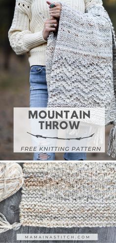 the mountain throw knitting pattern is shown with text overlay