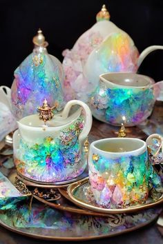 the tea set is decorated with iridescent colors