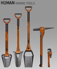 an assortment of tools including shovels, trowels and tongs are shown