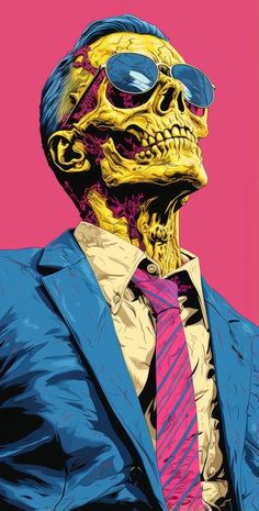 a painting of a skeleton wearing a suit and tie