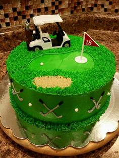 a golf themed birthday cake on a kitchen counter