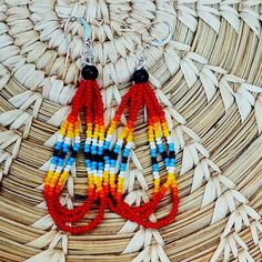 New, Hand Made By Me. Red Triple Layered Native American Seed Bead Earrings, Made With Size 11/0 Czech Seed Beads, Black Onyx Beads, And Hypoallergenic Ear Wire. Red Traditional Beads For Crafting, Traditional Red Beads For Crafting, Traditional Hand-strung Earrings For Gifts, Red Bohemian Beads For Crafting, Handmade Red Beads For Crafting, Red Beaded Dangle Necklaces, Handmade Red Beaded Earrings, Red Beads For Crafting, Red Beaded Drop Earrings