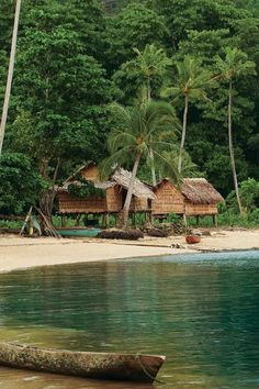 there is a boat on the water near some huts and palm trees in the background