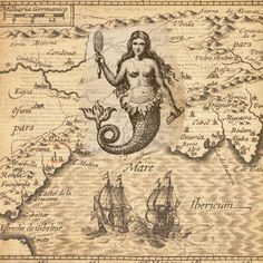 an old map with a mermaid holding a mirror in it's hand and ships on the other side