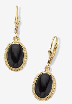 Let the timeless look of genuine black onyx cabochon drop earrings add that little bit of sassy elegance to your everyday wardrobe. The smooth bezel-set stones are set with lever backs to keep them secure. Fashionable and fun to wear in 14k gold-plated sterling silver.FABRIC: 14k Gold-Plated Sterling SilverMain Stone: 2 Oval Cabachon Cut Genuine Black Onyx, 12 mm x 8 mmDimensions: 11 mm wide x 34 mm long x 5 mm highIncludes gift box and drawstring pouch | Women's Oval-Cut Genuine Black Onyx 14K Gold-Plated Sterling Silver Drop Earrings by PalmBeach Jewelry in Black Elegant Oval Black Enamel Jewelry, Elegant Onyx Oval Cabochon Jewelry, Elegant Onyx Cabochon Jewelry, Elegant Oval Cabochon Onyx Jewelry, Black Cabochon Earrings For Evening, Evening Black Cabochon Earrings, Elegant Oval Cabochon Earrings For Formal Occasions, Classic Onyx Oval Cabochon Jewelry, Formal Onyx Oval Cabochon Jewelry