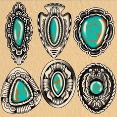 four different designs of turquoise stones in ornate frames