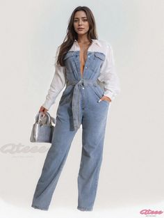 Qteee - Stylish and Casual Denim Jumpsuit with Waist Belt Patchwork Jumpsuit, Stand Collar Shirt, Belted Pants, Hem Top, Denim Patchwork, Daily Dress, Light Blue Color, Casual Denim, Denim Jumpsuit