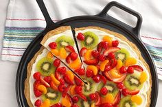 a fruit pizza is shown on a pan