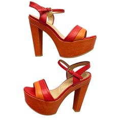 Bold And Vibrant Orange And Red Color Block High Platform Heeled Sandal Ankle Strap Chunky Heel Minor Marks, Scuffs And Discolorations - See Photos Heel Measures 5.5” Platform Measures 2” Formal Orange Platform Heels, Orange Platform Sandals With Ankle Strap, Orange Platform Heels With Synthetic Material, Orange 4-inch Heel Summer Heels, Orange 4-inch Heel Synthetic Heels, Ankle Strap Chunky Heels, Leather Platform Sandals, Platform Sandals Heels, Vibrant Orange