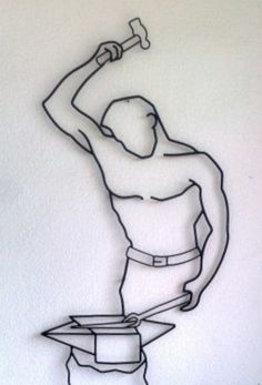 a drawing of a man with a hammer and box on his back, holding a wrench