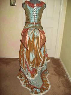 Teal and Copper Bustle gown by customecostumer on Etsy, $800.00 Victorian Bustle Dress, Brick And Bustle Bridal Wichita, Victorian Dress Bustle, Bustle Era Fashion, First Bustle Era, Victorian Cosplay, Women's Costumes, Beaded Lace, How To Make Beads