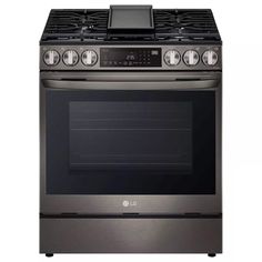 an lg gas range is shown in stainless steel