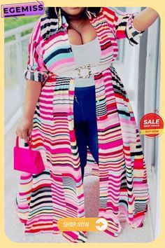 Deep Pink Casual Striped Print Patchwork Buckle Turndown Collar Plus Size Overcoat (without Belt) Pink Patchwork Outerwear For Summer, Summer Pink Patchwork Outerwear, Multicolor Long Sleeve Beach Outerwear, Sportswear Fashion, Plus Size Fashion For Women, Turndown Collar, Casual Stripes, Deep Pink, Wholesale Fashion