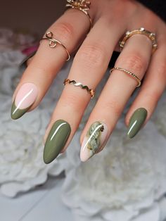 Olive Green With Marble Accent and Gold Flakes Reusable Press on Nails. Stunning Set, Trending Colour, Handmade by Qualified Nail Tech - Etsy Canada Nail Extension Marble Designs, Greenery Nail Art, Emerald Green Marble Nails, Emerald Green Nails With Gold, August Nails, Green Nail Designs, Nails Green