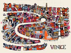 an illustrated map of the city of venice, italy with colorful buildings and streets on it