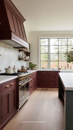 a kitchen with wooden floors and purple cabinets