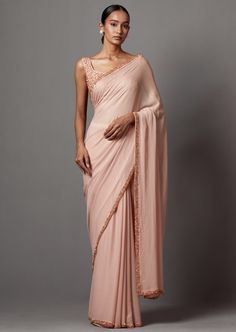 Hand embroidered hi-shine crystal cape paired with a saree and blouse. Blush Pink Saree, Western Saree, Indo Western Saree, Heavy Jewellery, Jewellery Styling, Wedding Fits, Saree And Blouse, Bridesmaid Inspiration, Bridal Sarees