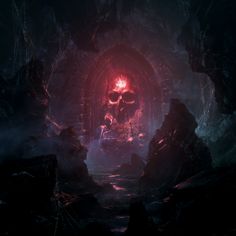 a skull in the middle of a dark cave with red light coming from it's mouth