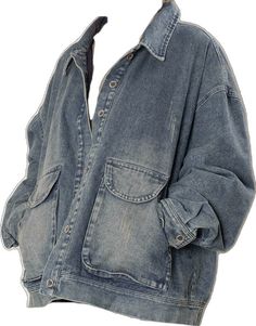 Oversized Collared Denim Outerwear, Washed Blue Single Breasted Denim Jacket, Oversized Blue Denim Jacket With Pockets, Washed Blue Single-breasted Denim Outerwear, Long Sleeve Washed Blue Outerwear With Pockets, Washed Blue Long Sleeve Outerwear With Pockets, Blue Denim Shacket With Pockets, Denim Shacket With Pockets In Blue, Oversized Medium Wash Long Sleeve Utility Jacket