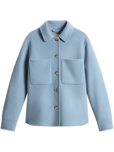 blue virgin wool button fastening pointed flat collar drop shoulder long sleeves two chest patch pockets buttoned cuffs curved hem Pointed Flat Collar, Outdoor Clothing Brands, Over Shirt, Flat Collar, City Dress, Blue Cardigan, Summer Beach Wear, Heritage Brands, Outdoor Outfit