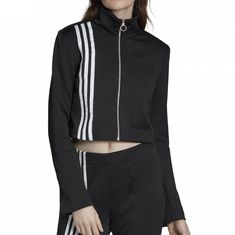 Cropped Jacket. Sporty Black Outerwear For Spring, Sporty Black Spring Outerwear, Trendy Fitted Track Jacket For Fall, Stretch Track Jacket For Fall Streetwear, Adidas Fitted Track Jacket For Streetwear, Black Stretch Track Jacket For Spring, Trendy Black Adidas Outerwear, Black Long Sleeve Track Jacket For Spring, Trendy Black Long Sleeve Track Jacket