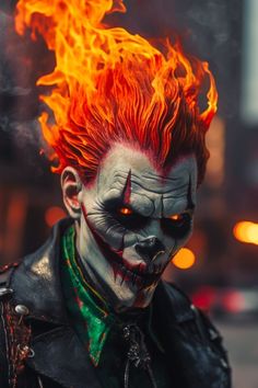 a close up of a person with fire on his face and hair in the air