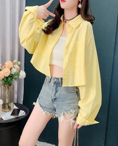 Pink Oversized Cropped Shirt | Yuqi - (G)I-DLE Yellow L Oversized Trendy Cropped Shirt For Spring, Trendy Oversized Cropped Shirt For Spring, Long Sleeve Cotton Cropped Shirt For Day Out, Spring Yellow Shirt With Pockets, Long Sleeve Cropped Shirt For Summer Day Out, Casual Long Sleeve Cropped Shirt For Summer, Yellow Blouse With Pockets For Summer, Spring Yellow Tops With Pockets, Casual Long Sleeve Cropped Shirt For Day Out