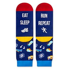 Funny Running SocksThese dark blue running socks feature running shoes, water bottles, watches, and headphones. The soles of the feet feature funny sayings such as "EAT SLEEP RUN REPEAT."Size & PackageOur unisex design fits most men's US size 6-13 feet and most women's US size 7 and up. Each pair of funny socks comes in a plastic zippered bag.Quality MaterialOur novelty socks are made of 80% Cotton, 15% Polyamide, and 5% Elastane to ensure they are soft, comfortable, stretchy, and breathable. Th Casual Moisture-wicking Running Socks, Casual Sweat-resistant Running Socks, Casual Blue Running Socks, Blue Non-slip Sporty Socks, Sporty Running Socks For Sports Season, Sporty Non-slip Blue Socks, Blue Anti-odor Sports Socks, Comfortable Sports Socks With Letter Print, Non-slip Casual Sports Socks