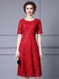 Moments of elegance and grace are encapsulated in this exquisite mother of the bride dress. The rich red hue of this gown exudes confidence and sophistication, making it an impeccable choice for such a special occasion. The dress is adorned with intricate sequined lace that creates a beautiful, shimmering effect. The dress features a round neckline and short sleeves, offering a classic and refined look, perfect for a mother who wants to feel both stylish and comfortable. The bodice fits snugly, Sequins Prom Dress, Sequins Skirt, Quarter Sleeve Dress, Mermaid Sequin, Sequin Prom Dress, Burgundy Lace, Lace Mermaid, Mother Of The Bride Dress, Sequin Fabric