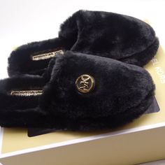 Michael Michael Kors Womens New In Box Black Alexis Faux Fur Closed Toe Slip On Slipper Size 8 Material: Faux Fur Theme: Designer Features: Comfort, Lightweight Closure: Slip On Season: All Season Black Faux Fur Slippers For Winter, Black Faux Fur Slippers With Round Toe, Black Slippers With Faux Fur Lining, Black Synthetic Slippers With Faux Fur Lining, Michael Kors Slides, Comfy Bedroom, Michael Kors Sandals, Rubber Flip Flops, Bedroom Slippers